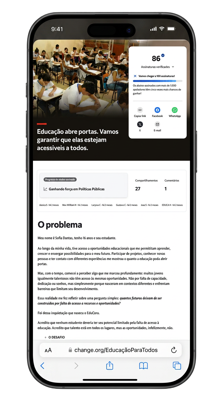 Petição da EduCora aberta em um celular